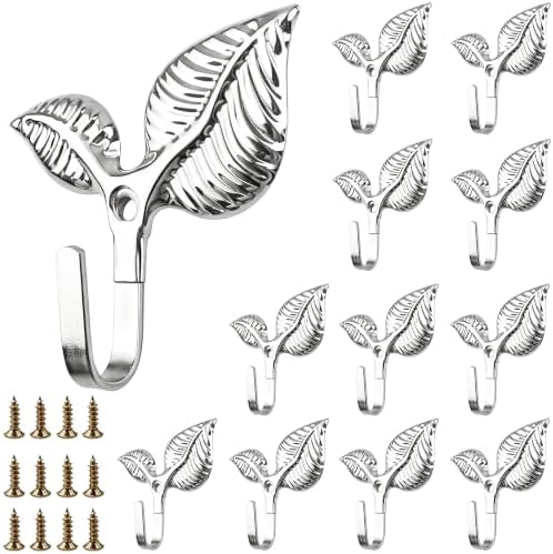 Set of 12 Vintage Leaf Wall Hooks, Rustic Silver Iron Heavy Duty Coat Hangers by Unknown