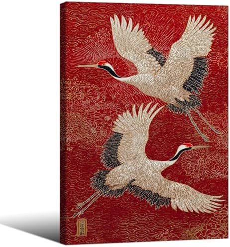 Retro Japanese Canvas Wall Art Funny Oriental Crane Posters Red And Gold Bird by Unknown