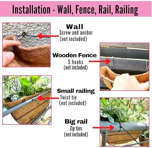 LaLaGreen Hanging Wall Planter Black Metal Coco Liner Pots - Image 3