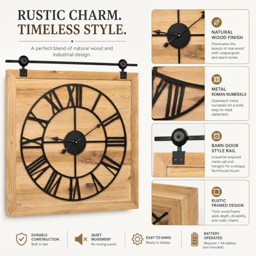 Wood Barn Door Clock 30 Inch, Farmhouse Rustic Wall Clock - Image 4