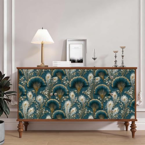 Stickorama Teal Gold Peacock Feather Floral Peel and Stick Wallpaper Self - Image 6