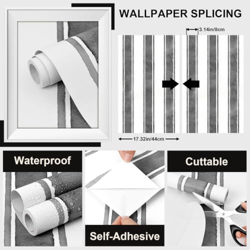 17.3" x 1200" Watercolor Black Striped Peel and Stick Wallpaper - Image 2