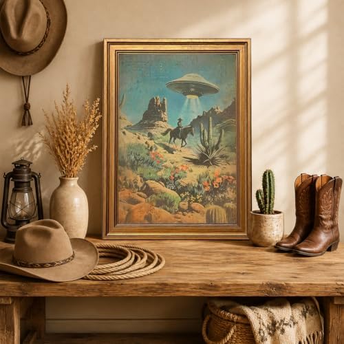 Vintage Gold Framed Western Wall Art, Retro Cowboy UFO Abduction Pictures Wall - Image 2