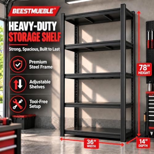 Heavy Duty Garage Shelving 5 Tier Adjustable Metal Storage Rack - Image 2