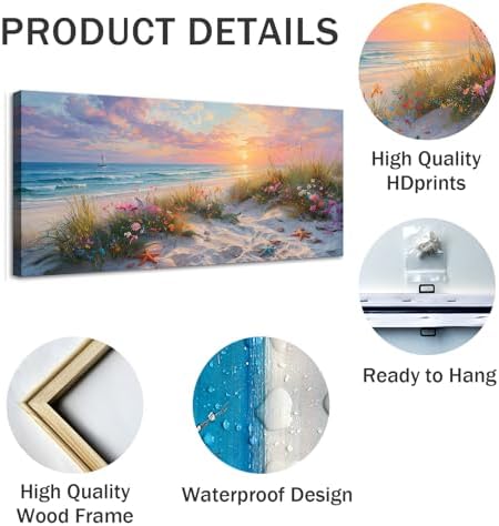 Sunset Floral Coastal Canvas Wall Art Seaside Wildflower Seascape Print Ocean - Image 5
