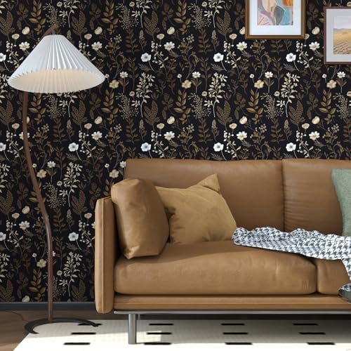 Black Dark Muted Gold Floral Peel and Stick Wallpaper 17.5" x 393" - Image 4