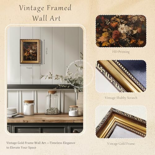 uniro Vintage Gold Framed Wall Art, Moody Dark Autumn Floral Wall Art Prints - Image 2
