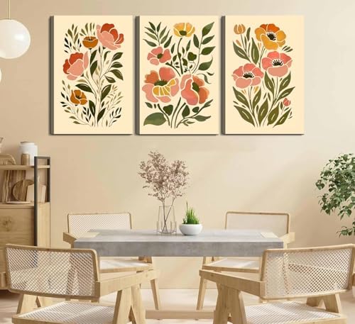 3Pcs Boho Floral Canvas Wall Art Abstract Botanical Flower Prints Minimalist - Image 2