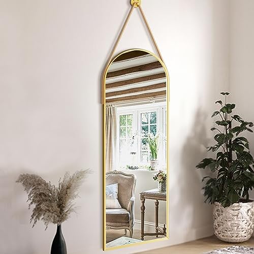 Dewfig 48"x16" Arched Full Length Mirror, Wall Mirror, Leather Strap - Image 4