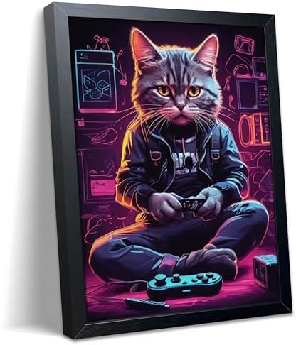 Framed Gamer Cat Canvas Wall Art, Kitten Playing Video Game Wall Decor by Unknown