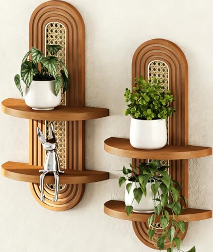Floating Shelves for Wall, Boho Home Wall Decor, 2-Tier Rattan Plant Shelf by Hongsane