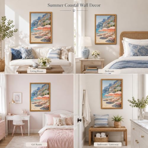 Framed Pink Umbrella Coastal Canvas Wall Art, Beach Scene Picture Wall Decor - Image 6