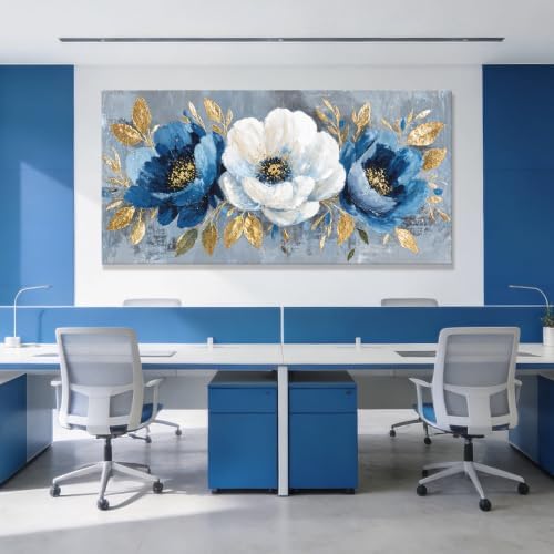 Large Blue White Floral Canvas Wall Art Decor - Image 3