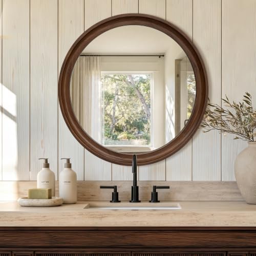 Round Wood Mirror, Walnut Brown - Image 3