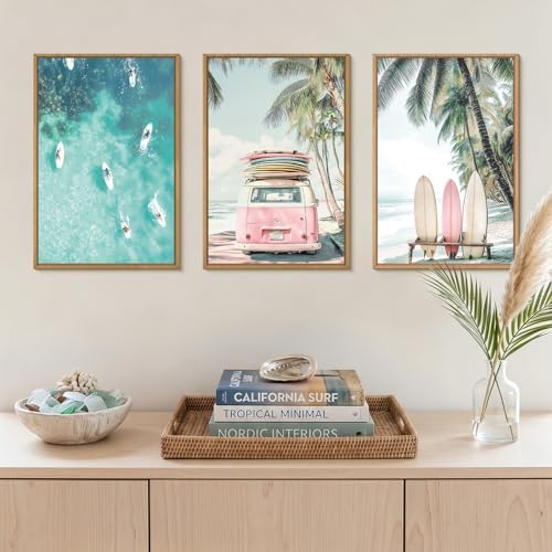 HOURIA Summer Surfboard Beach Framed Canvas Wall Art Set-24"x36"x3 - Image 3