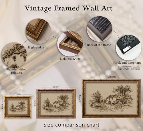 Vintage Gold Framed Farmhouse Sketch Wall Art，Retro Country Cottage - Image 6