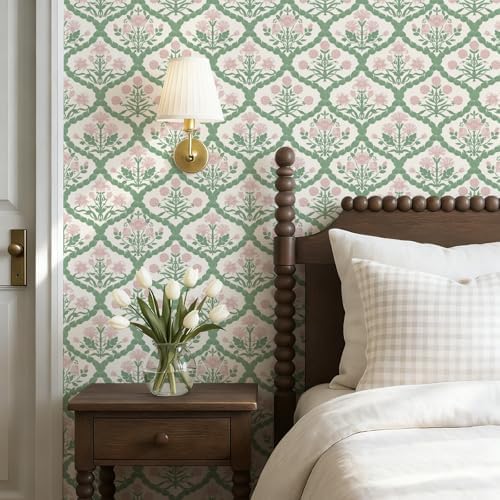 17.3" x 393.7" Pink Floral Peel and Stick Wallpaper Vintage Wall Paper Boho - Image 3