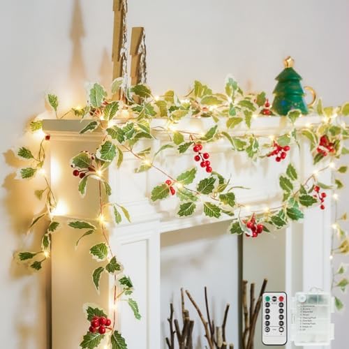 suddus String Light with Red Berries&Holly Leaf Battery Powered Copper Wire by SUDDUS