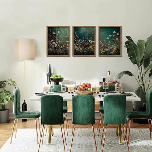 Vintage Wildflower Wall Art Set of 3, Moody Dark Green Flower Botanical Wall - Image 6