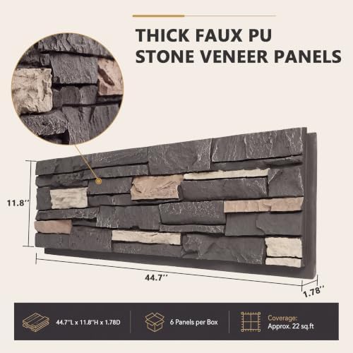 Faux Stone Wall Panels, 6 Pack PU Stone Veneer Panels, 44.9" L x 11.8" H x 1.8" - Image 2