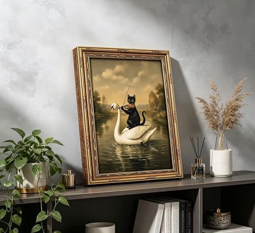 Vintage Gold Framed Black Cat Wall Art, Dark Academia Swan Painting Canvas Print - Image 7