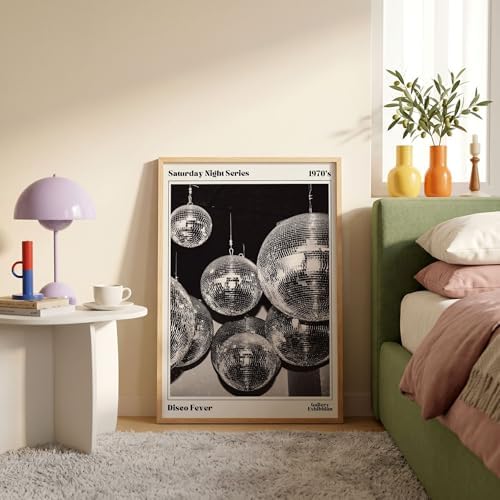 70s Disco Ball Wall Art 12x18in Wood Grain Frame Vintage Black and White - Image 6