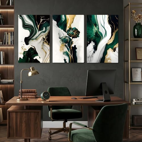 EJPFOGV Triptych Green and Gold Floral Wrapped Canvas Wall Art 20x30 in x3 - Image 3