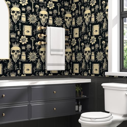 Laatse Gothic Black Beige Skull Floral Wallpaper Peel and Stick 17.5"x393" - Image 4