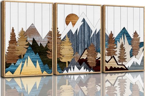 CHDITB Mountain Wall Art Prints Set, Country Woodcut Wall Decor, Rustic Forest by CHDITB