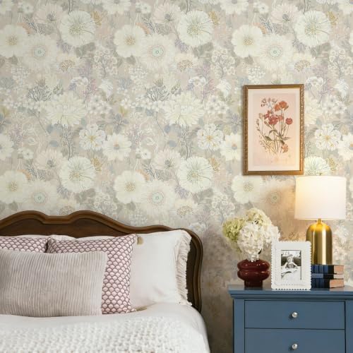 Ismoon Peel and Stick Wallpaper Floral Wallpaper 17.3in x 6.56ft Beige Neutral - Image 3