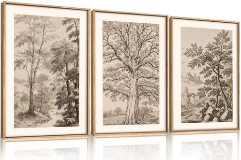 Vintage Tree Sketch Landscape Framed Canvas Wall Art Set- 24"x36"x3 by Aryroi