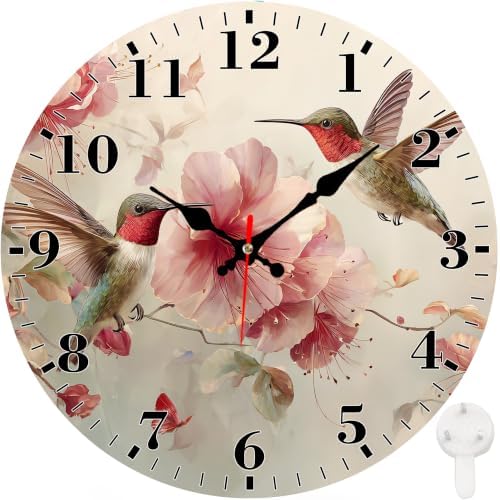 12" Silent Wall Clock, Round Wall Clock, Hummingbird and Pink Flowers by Unknown
