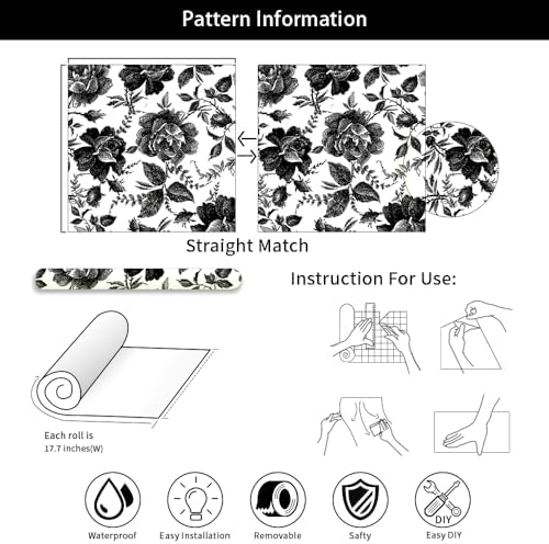 Black and White Peony Floral Rose Vintage Flowers Modern Peel and Stick - Image 7