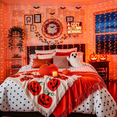 JMEXSUSS Orange Curtain Lights for Halloween, USB Plug in, 200 LED - Image 2
