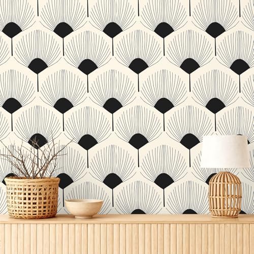VEELIKE Beige and Black Geometric Peel and Stick Wallpaper Boho Fan Pattern - Image 4