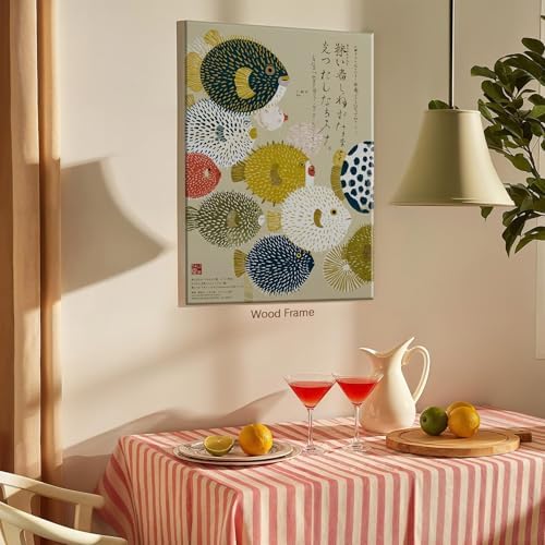 Framed Japanese Canvas Wall Art Vintage Puffer Fish Prints Posters 16x24in - Image 3