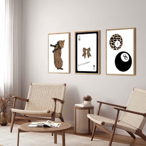 Set of 3 Trendy 8 Ball Leopard Wall Art Ace Card Bow Wall Decor Pictures Funky - Image 3