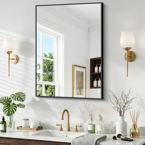 Bathroom Mirror, 30 x 24 inch Metal Framed Black Rectangle Mirror by Unknown