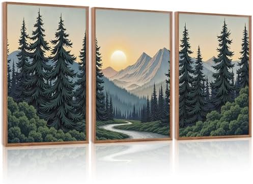 HLNIUC Boho Mountain Sun Forest Framed Canvas Wall Art, Large Nature Sunrise by HLNIUC