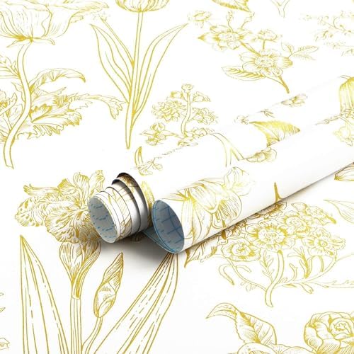 Dimoon 236"x17.3" Floral Wallpaper Peel and Stick Flowers Golden White Contact by DIYYOURMOON