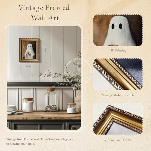 uniro Vintage Gold Framed Wall Art, Vintage Ghost Drinking Coffee Halloween - Image 5