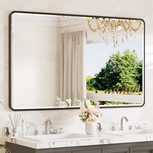 TETOTE Black Framed Bathroom Mirror 60 x 36 Large Beveled Edge Tempered Glass by TETOTE