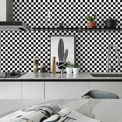 Jeweluck Black and White Checkered Peel and Stick Wallpaper 17.7"x196.8" - Image 2
