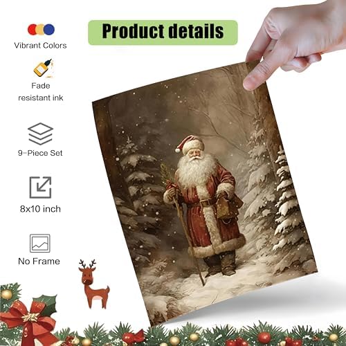 Vintage Christmas Canvas Wall Art Set of 9, Santa Claus Xmas Tree Snow Scene - Image 2