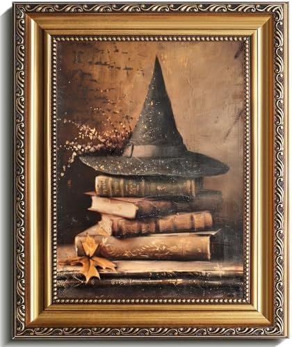 uniro Vintage Gold Framed Wall Art, Vintage Witch Hat Books Halloween Painting by uniro