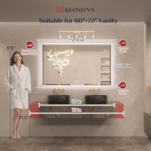 Keonjinn 60" x 36" Oversized Backlit Bathroom Mirror, Safe Tempered Glass - Image 6