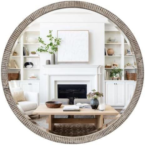 35" Round Wood Mirror, Large Wooden Wall Mirror by GIFTTROVE