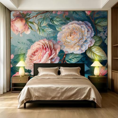 Big Rose Blossoms Landscape Mural Flowers Peel Off Adhesive Wallpaper Bedroom by SIDIANYA