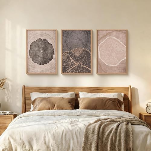 HOURIA Tree Ring Abstract Neutral Brown Framed Canvas Wall Art Set, Mid Century - Image 4
