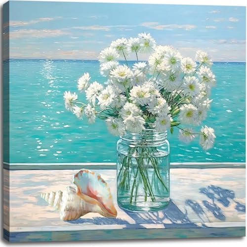 Ocean Flower Bathroom Decor Daisy Floral Canvas Wall Art Coastal Nautical by Unknown